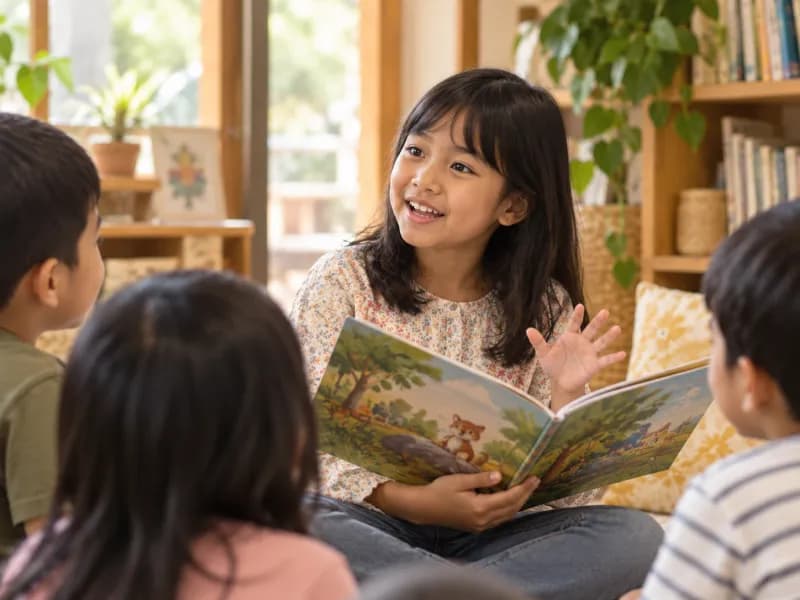 Anak membacakan buku cerita kepada teman-temannya