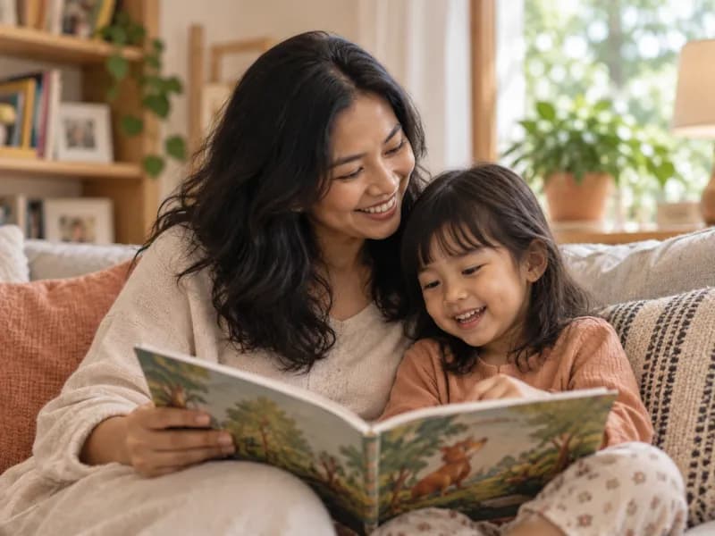 Orang tua membaca buku bergambar bersama anak