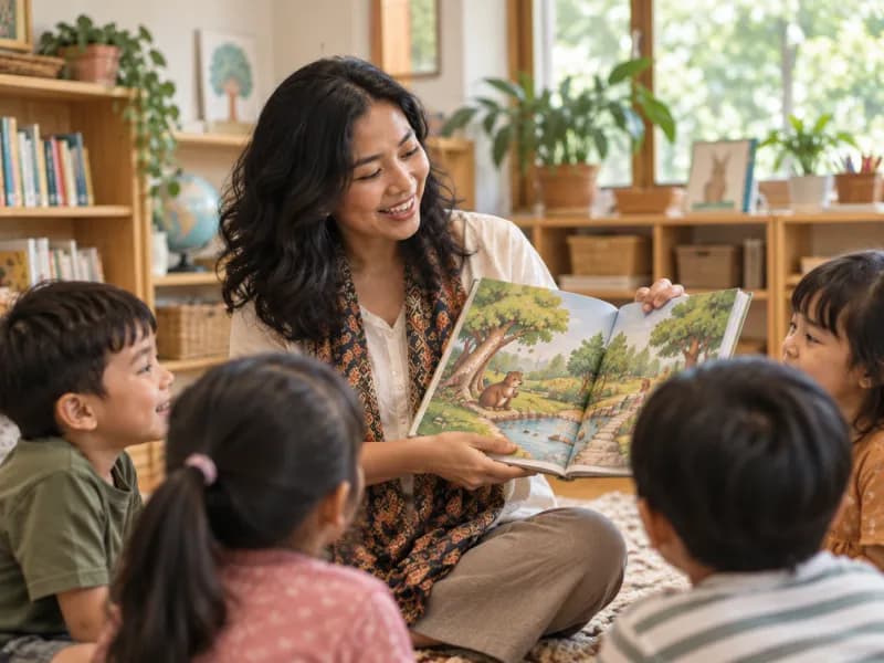 Guru membacakan buku cerita kepada anak-anak