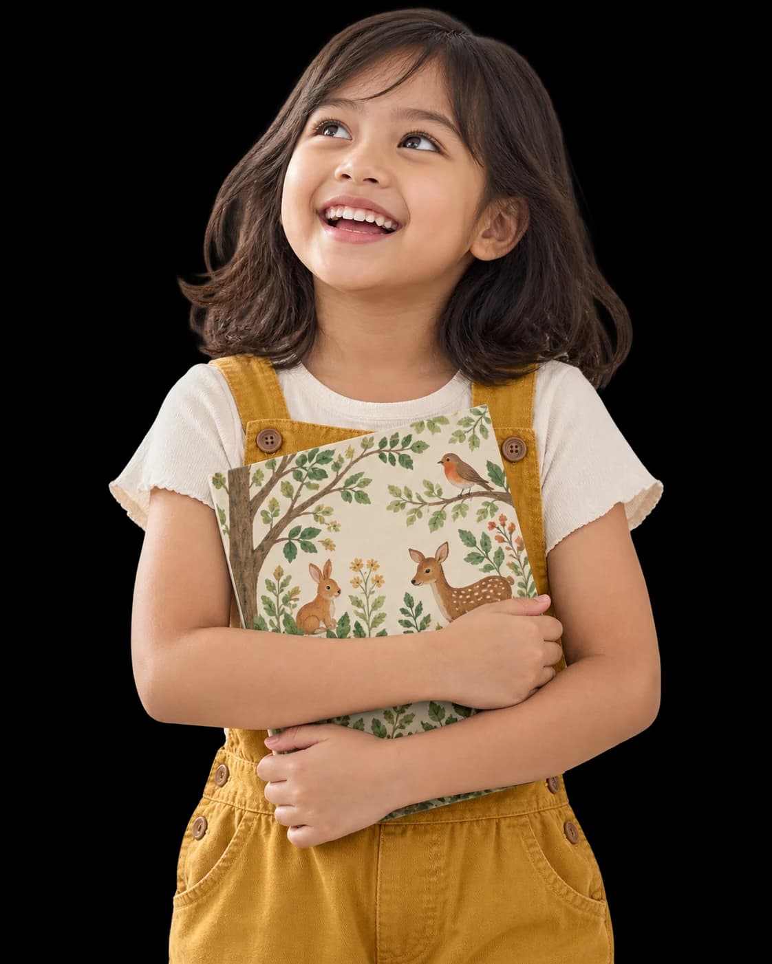 Anak tersenyum sambil memeluk buku cerita